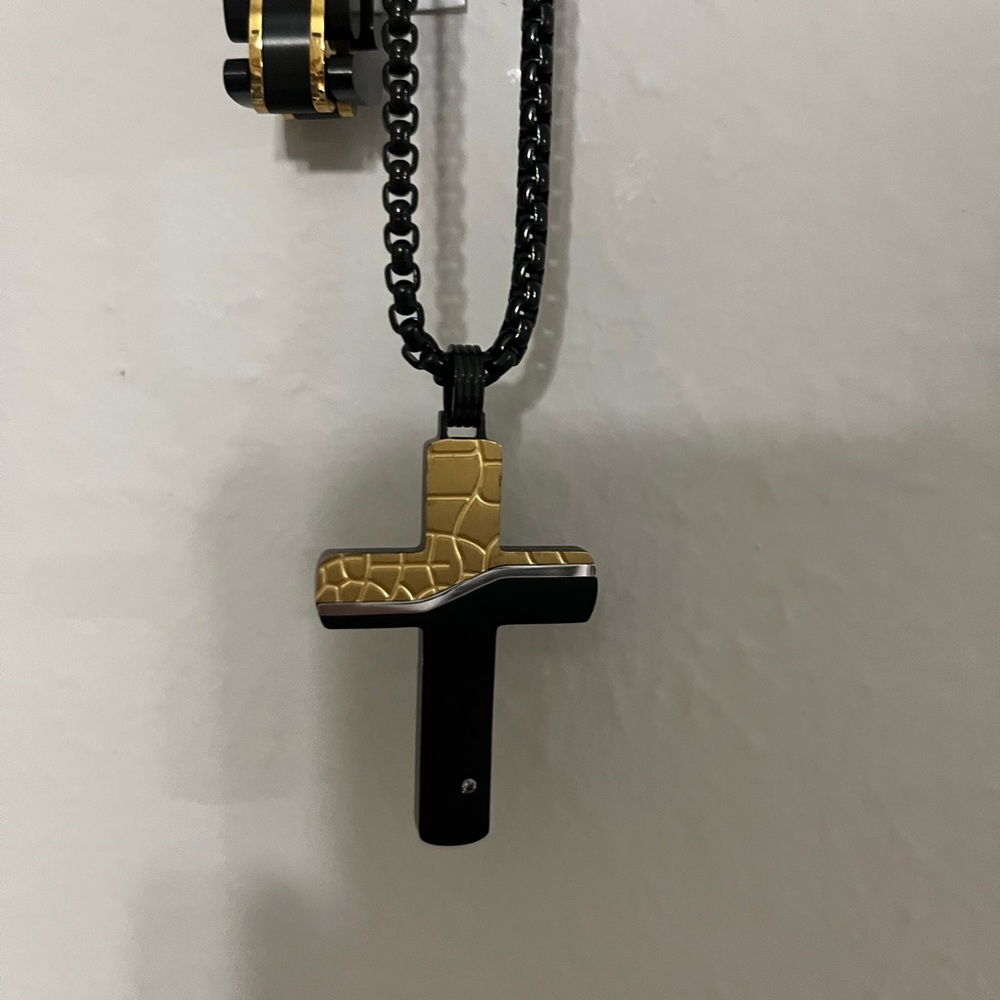 Men’s Black and Gold Cross Pendant Necklace and Bracelet